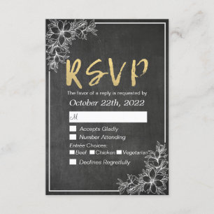 Gold Script Chalkboard Floral Wedding RSVP Reply