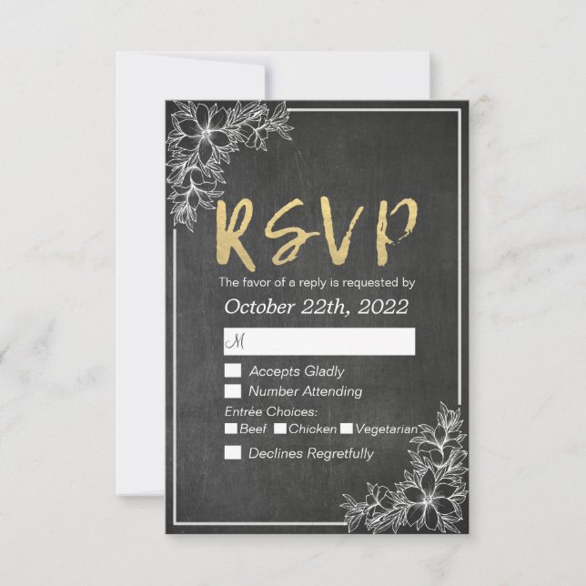 Gold Script Chalkboard Floral Wedding RSVP Reply (Front)