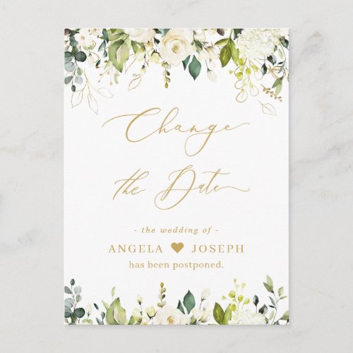 Gold Script Change the Date Greenery White Roses Postcard - Event Postponed Announcement Template - Green and White Rose Floral Gold Script Change the Date Postcard. 
(1) For further customization, please click the "customize further" link and use our design tool to modify this template.
(2) If you need help or matching items, please contact me.
