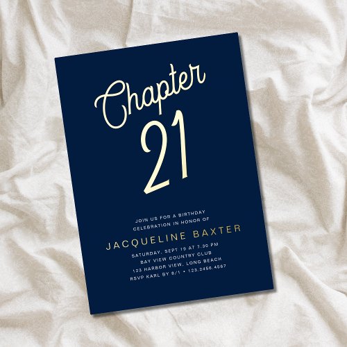 Gold Script Chapter 21 Blue 21st Birthday Party Foil Invitation