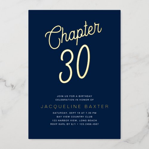 Gold Script Chapter 30 Blue 30th Birthday Party Foil Invitation