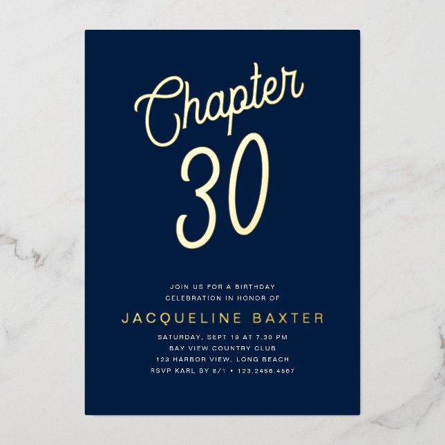 Gold Script Chapter 30 Blue 30th Birthday Party Foil Invitation (Front)