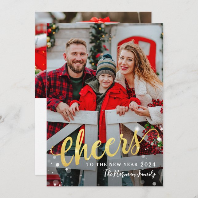 Gold Script Cheers to the New Year 2 Photo Holiday Card (Front/Back)