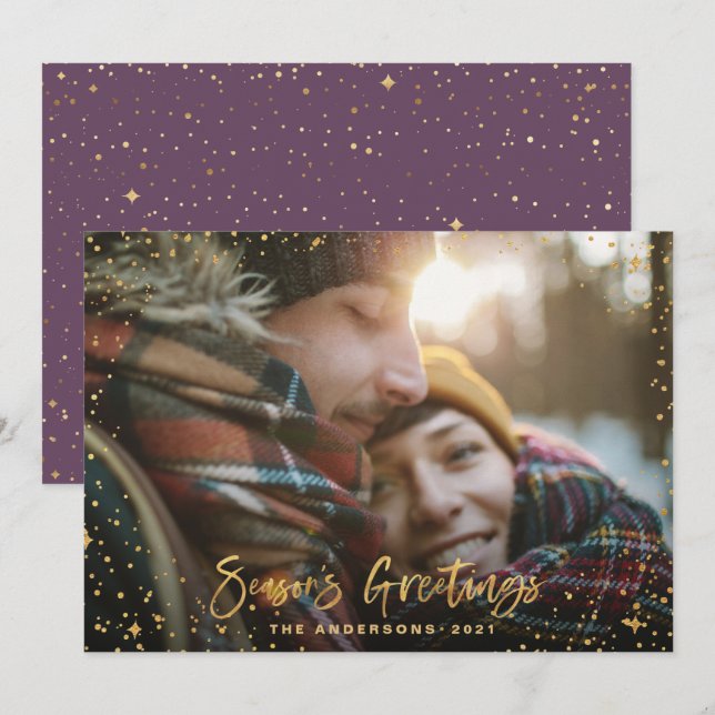 Gold script Christmas 1 photo modern holiday Card (Front/Back)