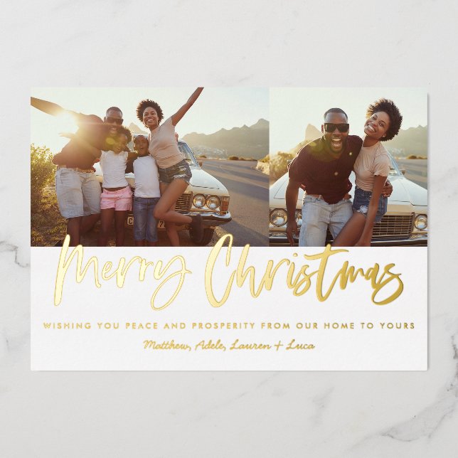 Gold script Christmas 2 photo modern Foil Holiday Card (Front)