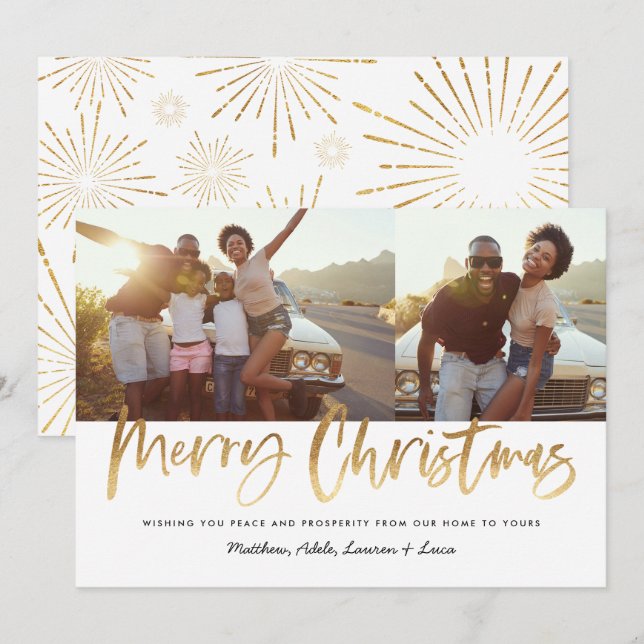 Gold script Christmas 2 photo modern Holiday Card (Front/Back)