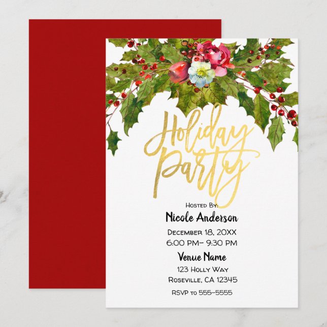 Gold Script Christmas Holiday Party Holly Floral Invitation (Front/Back)