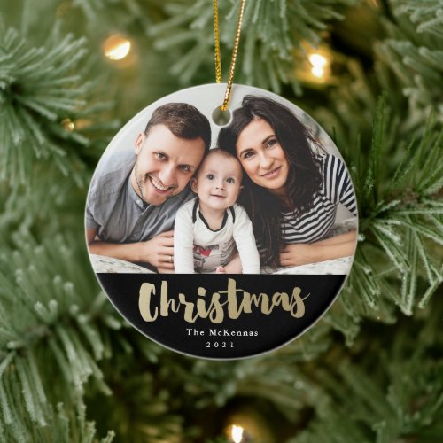 Gold Script Christmas photo family holiday Ceramic Ceramic Ornament