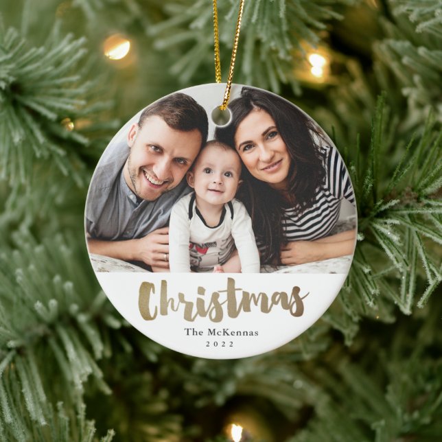 Gold Script Christmas photo family holiday Ceramic Ornament (Tree)