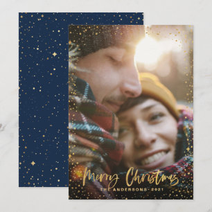 Gold script Christmas stars 1 photo blue holiday Card