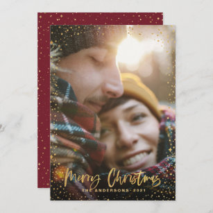 Gold script Christmas stars 1 photo burgundy Holiday Card