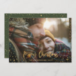 Gold script Christmas stars 1 photo green holiday<br><div class="desc">Gold scripted stars merry Christmas 1 photo holiday card. With a gold effect script text and gold effect design,  green back ground color can be change to suit your style.</div>
