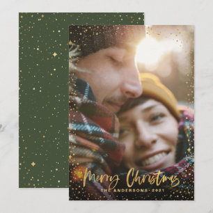 Gold script Christmas stars 1 photo green holiday Card