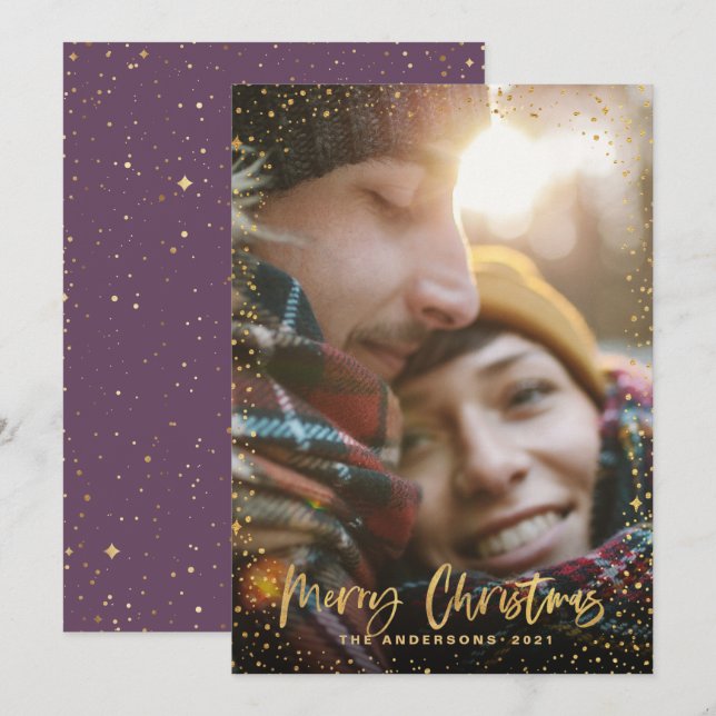 Gold script Christmas stars 1 photo purple Holiday Card (Front/Back)