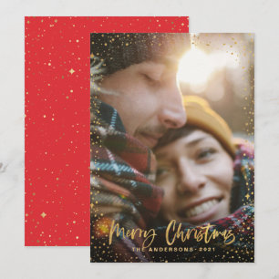 Gold script Christmas stars 1 photo red holiday Card