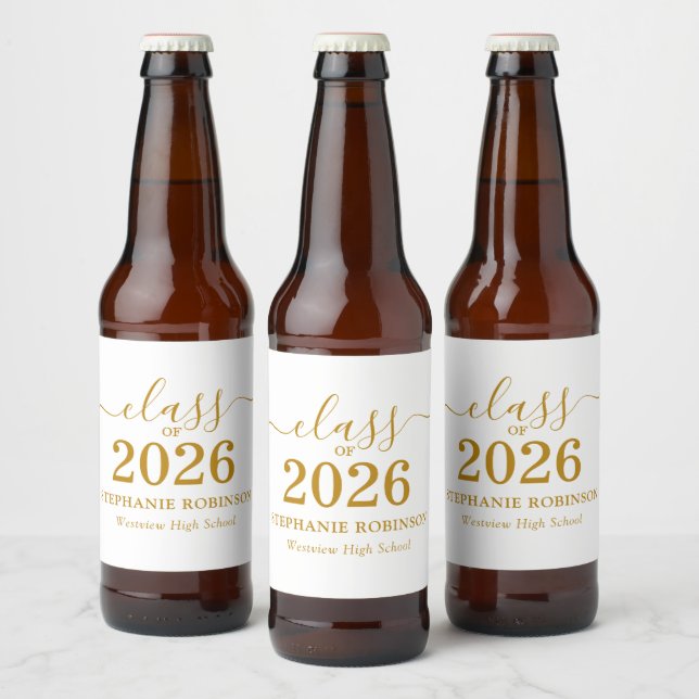 Gold Script Class of 2026 Graduation Party Beer Bottle Label (Bottles)