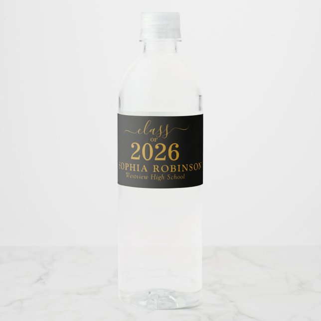 Gold Script Class of 2026 Graduation Party Water Bottle Label (Front)