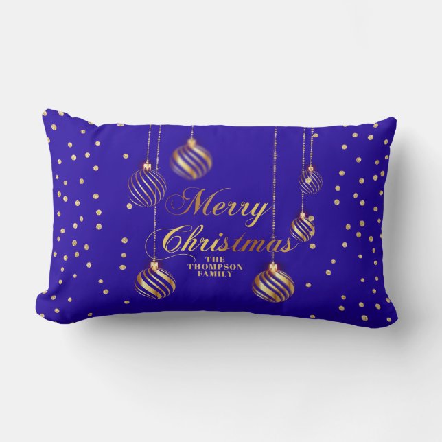 Gold Script Confetti Blue Family Christmas Balls Lumbar Pillow (Front)