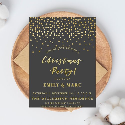 Gold Script  Confetti  Christmas Party Invitation