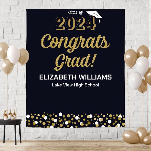 Gold Script Confetti Congrats Grad Black Backdrop