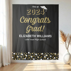 Gold Script Confetti Congrats Grad Black Backdrop