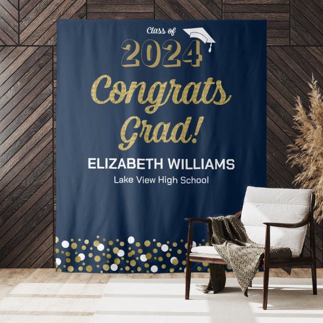Gold Script Confetti Congrats Grad Blue Backdrop (Creator Uploaded)
