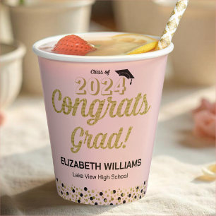 Gold Script Confetti Congrats Grad Pink Paper Cups