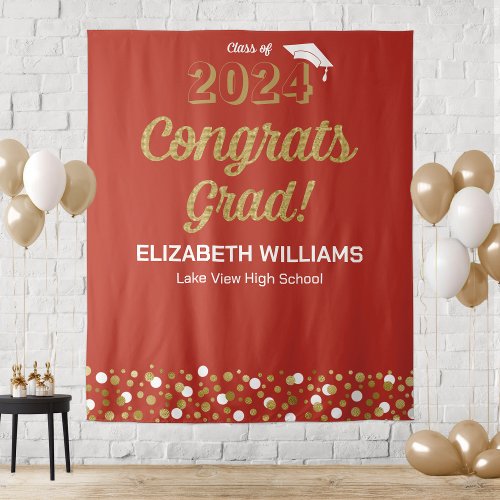 Gold Script Confetti Congrats Grad Red Backdrop