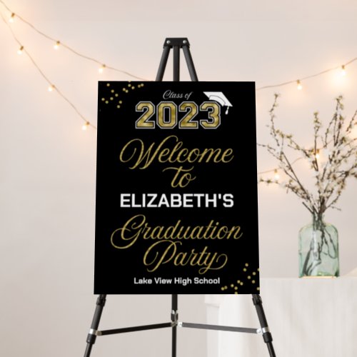 Gold Script Confetti Grad Party Black Welcome Sign