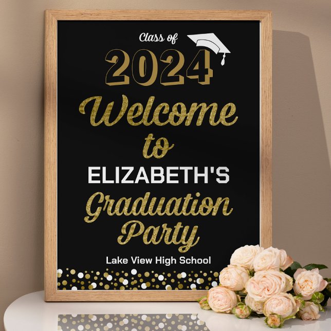 Gold Script Confetti Grad Party Black Welcome Sign (Creator Uploaded)