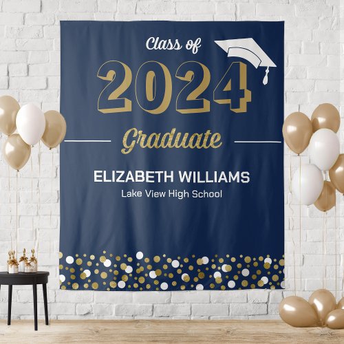 Gold Script Confetti Grad Party Blue Backdrop