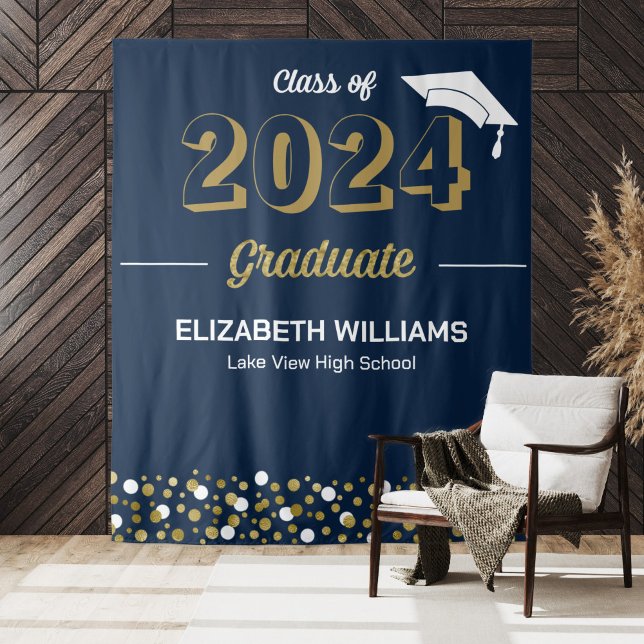 Gold Script Confetti Grad Party Blue Backdrop (Creator Uploaded)