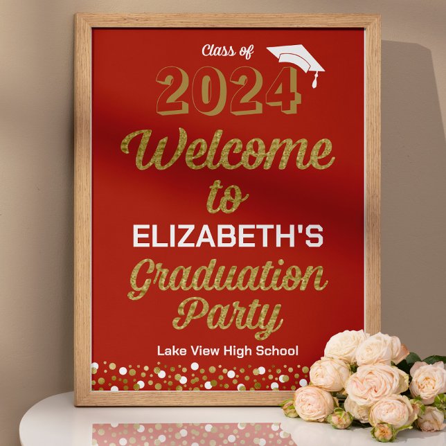 Gold Script Confetti Grad Party Red Welcome Sign (Creator Uploaded)
