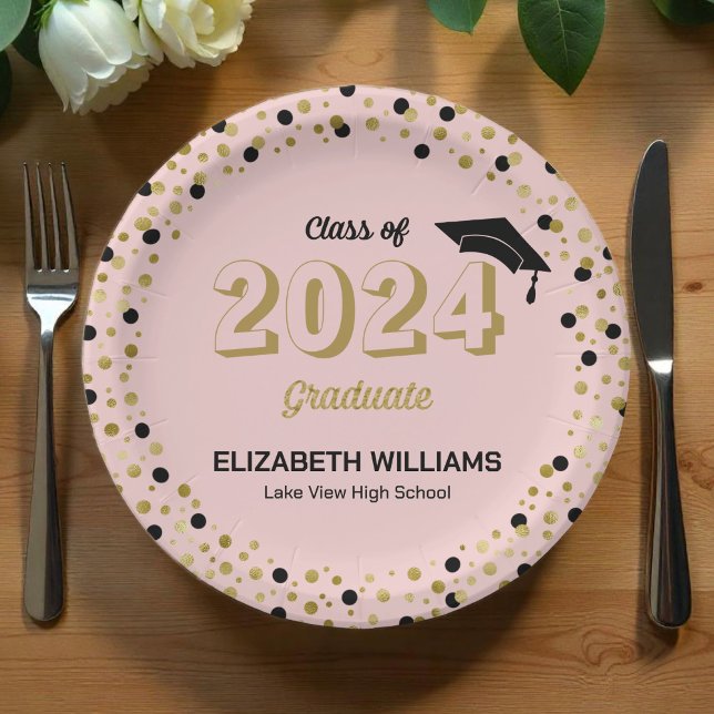 Gold Script Confetti Graduation Party Pink Pap Paper Plates (Creator Uploaded)