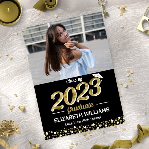 Gold Script Confetti Photo Black Grad Announcement