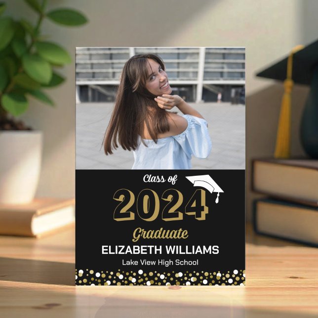 Gold Script Confetti Photo Black Grad Announcement (Creator Uploaded)