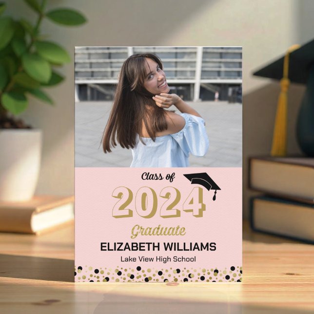 Gold Script Confetti Photo Pink Grad Announcement (Creator Uploaded)