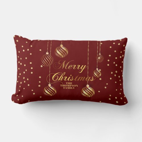Gold Script Confetti Red Family Christmas Balls Lumbar Pillow