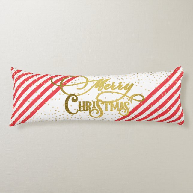 Gold Script Confetti Red White Family Christmas Body Pillow (Front)