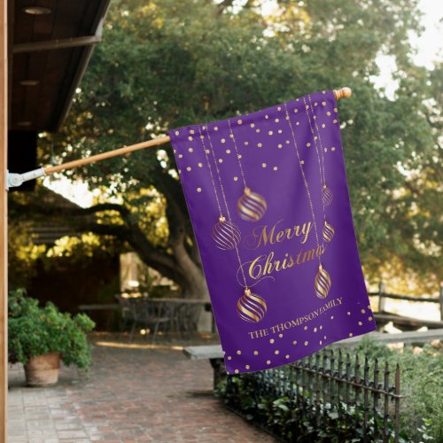 Gold Script Confetti Royal Purple Family Christmas House Flag