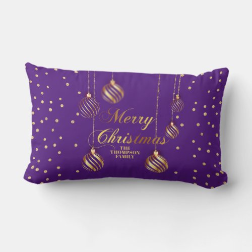 Gold Script Confetti Royal Purple Family Christmas Lumbar Pillow