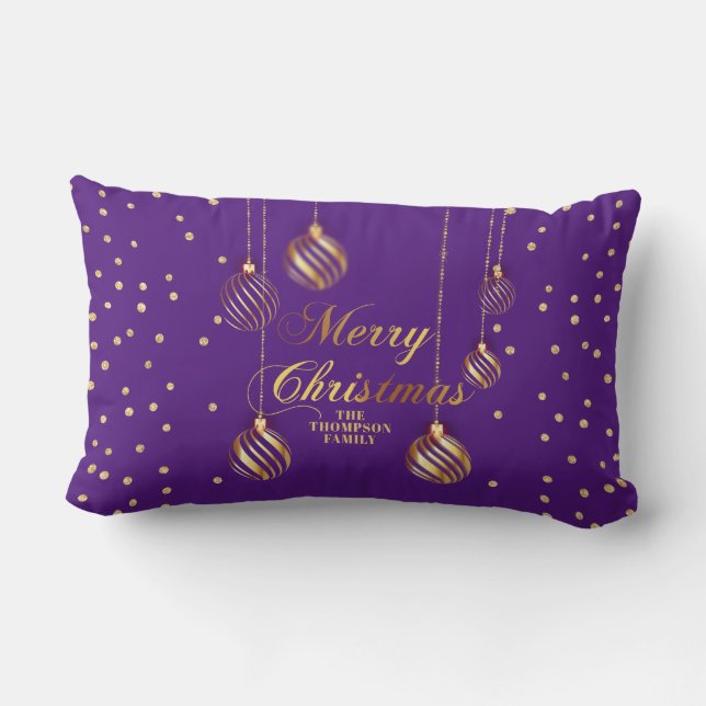 Gold Script Confetti Royal Purple Family Christmas Lumbar Pillow (Back)