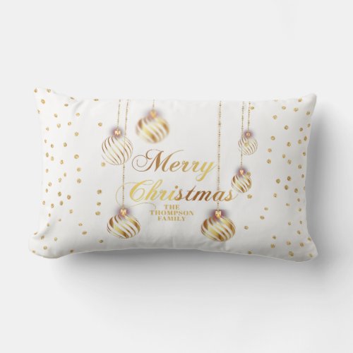 Gold Script Confetti White Family Christmas Balls Lumbar Pillow