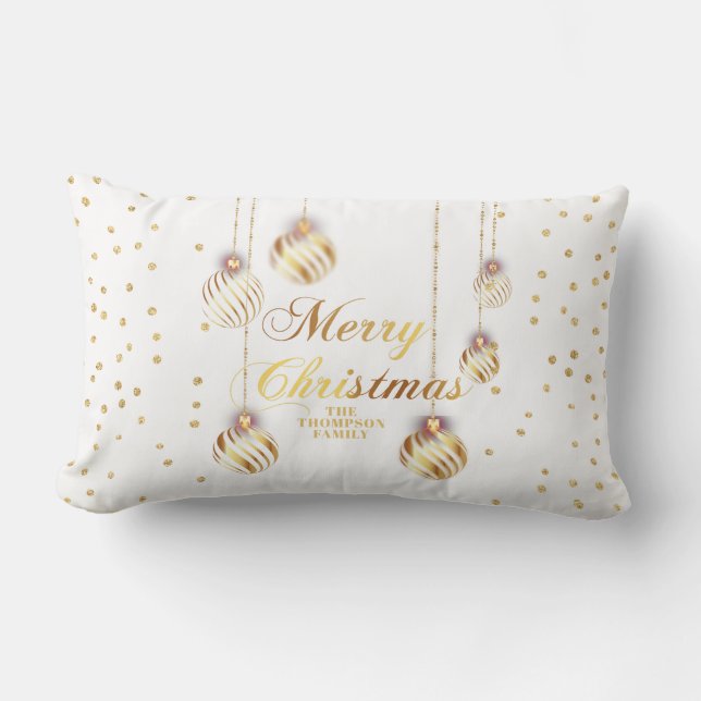 Gold Script Confetti White Family Christmas Balls Lumbar Pillow (Front)