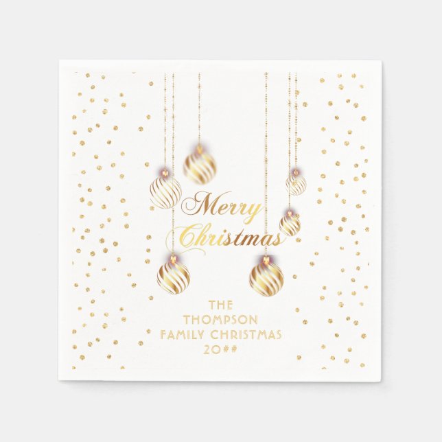 Gold Script Confetti White Family Christmas Balls Napkins (Front)