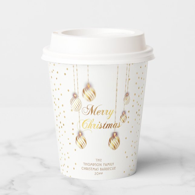 Gold Script Confetti White Family Christmas Balls Paper Cups (Back)