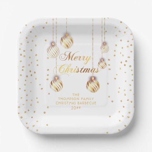 Gold Script Confetti White Family Christmas Balls Paper Plates