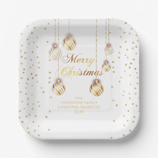 Gold Script Confetti White Family Christmas Balls Paper Plates (Front)