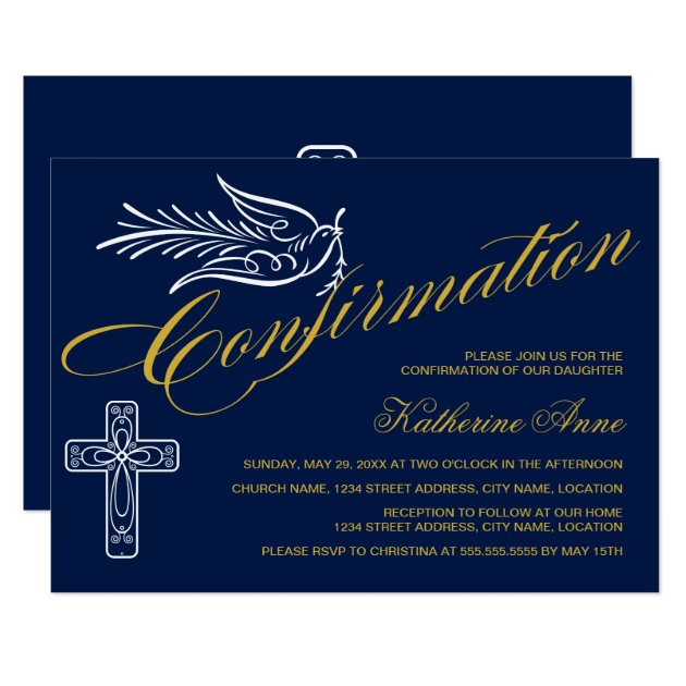 Gold Script Confirmation Text With Cross And Dove Invitation