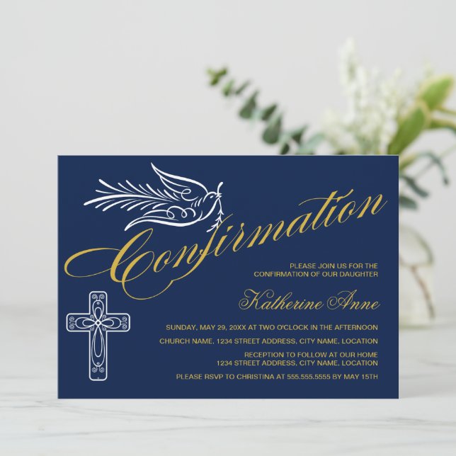 Gold Script Confirmation Text with Cross and Dove Invitation (Standing Front)